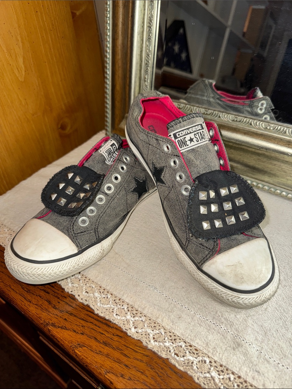 Converse One Star Studded Grey & Red Slip-on Sneakers - Size Women’s 9.5